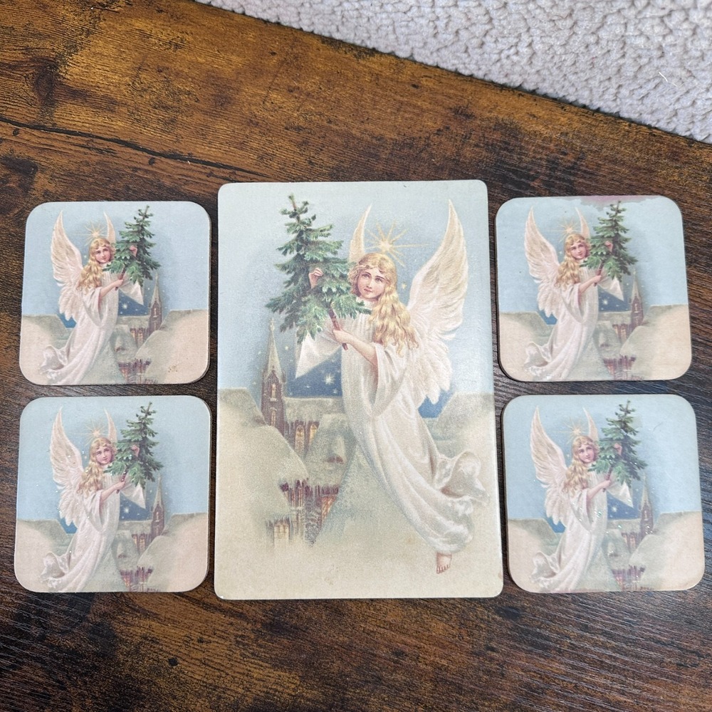 Vintage Victorian Angel Christmas Tree Cork Coasters and Trivet Set 5pc Cottage